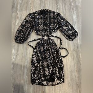 Elegant Black Patterned Dress Metallic Size Large